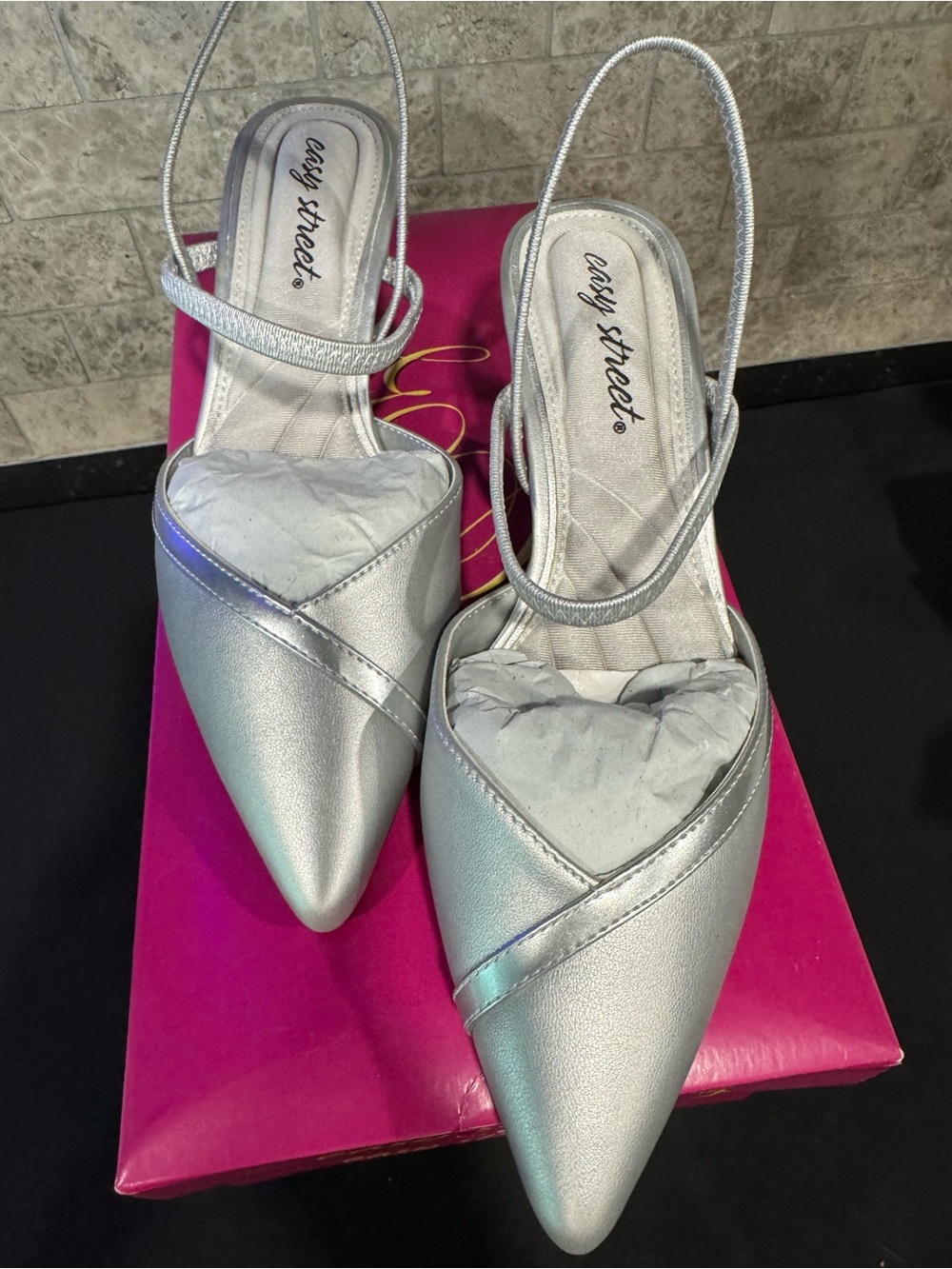 Easy Street Silver Pointed Slingback Heels